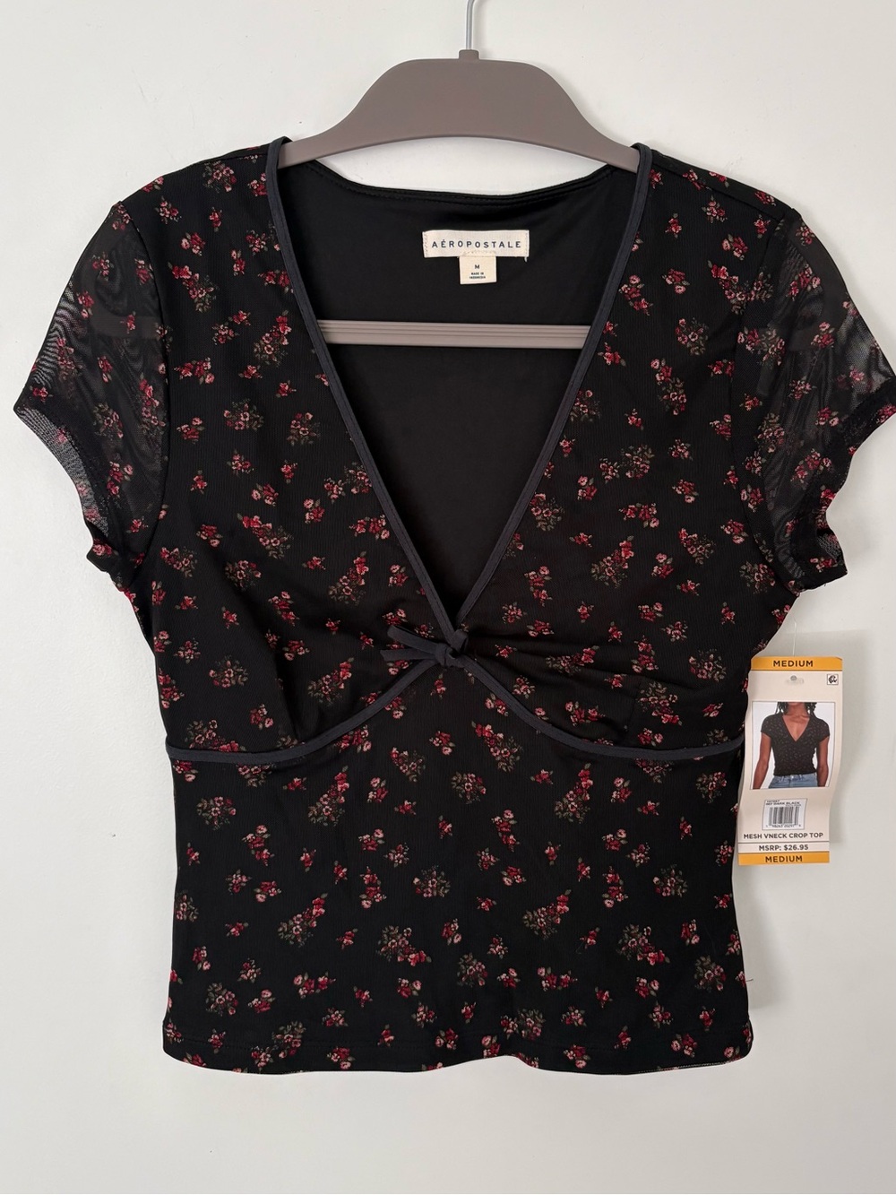 Aeropostale Black Short-Sleeve V-Neck Tee with Red Floral Print